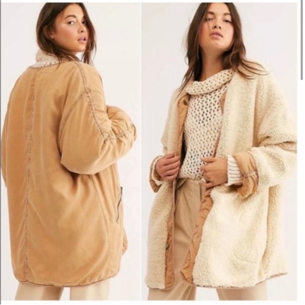 Free People oversized Sherpa jacket, tan & fur, reversible